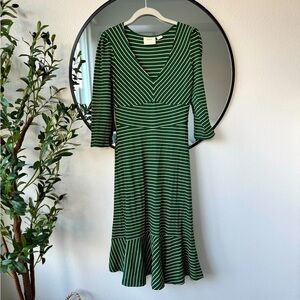Anthropologie Maeve Green Striped Women's V Neck Knit Dress, Green, S